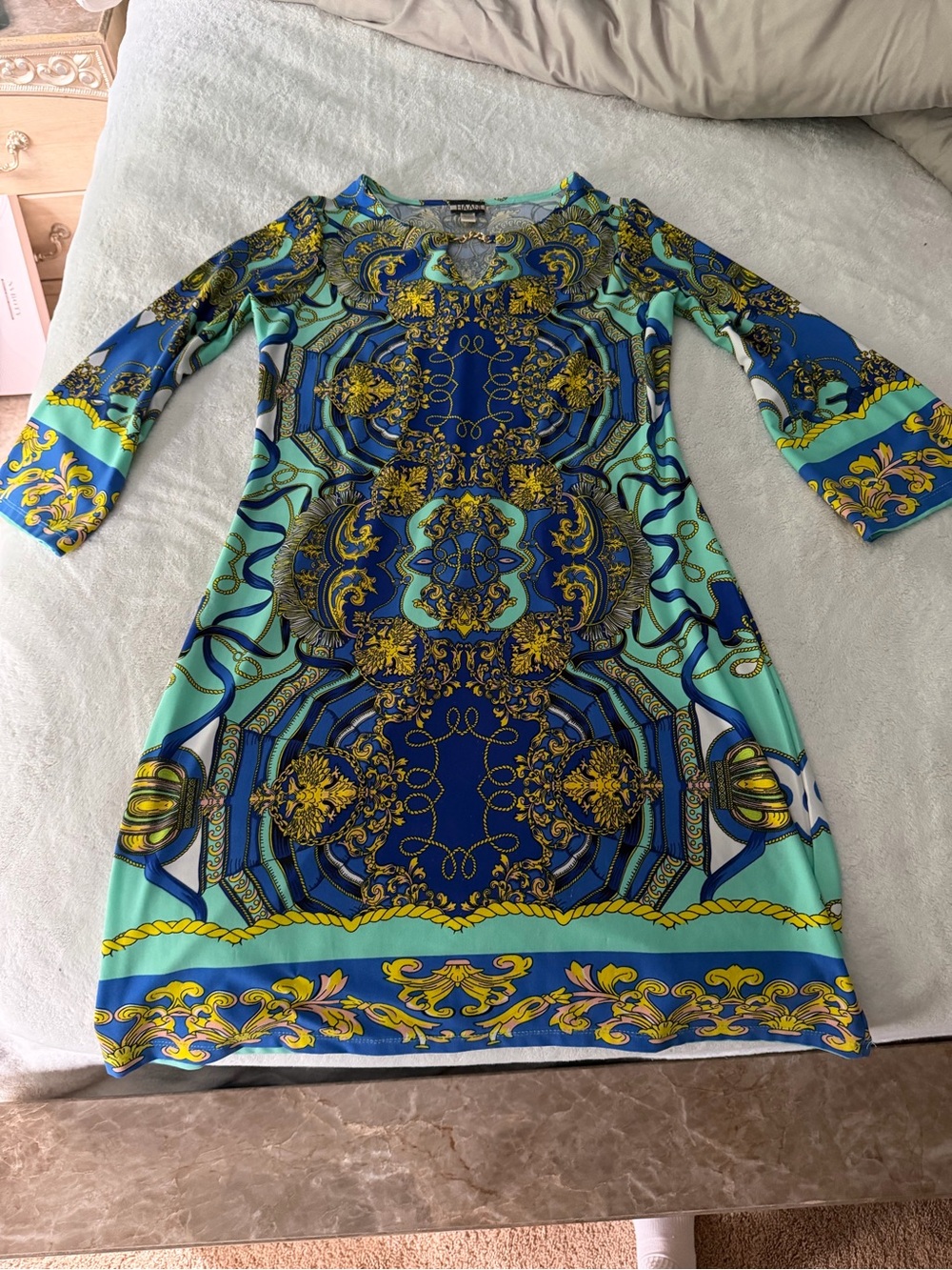 Haani Blue, Teal & Gold Ornate Printed Long-Sleeve Shift Dress